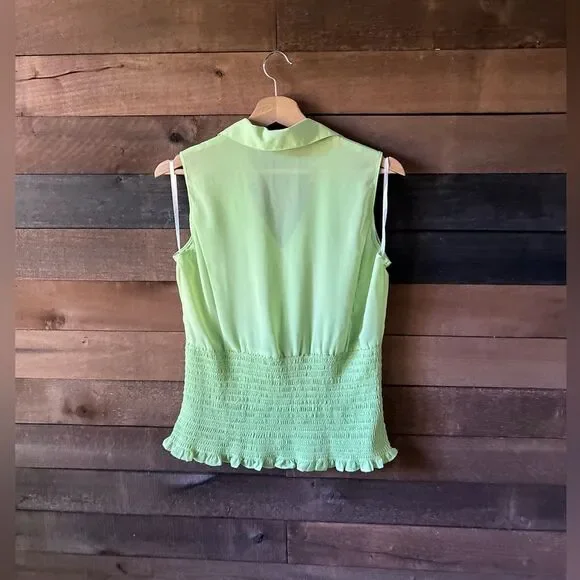Vintage Lime Green Ruffle Blouse Smocked Waist Sleeveless Carrie Allen S - Picture 2 of 7